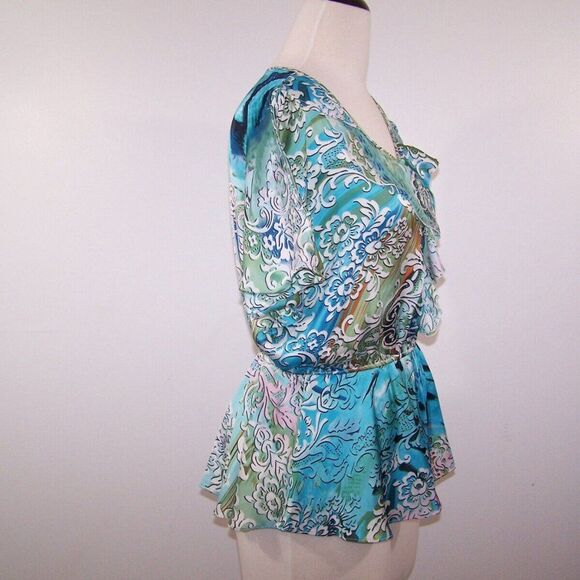 Milano Top Shirt S Ruffle Flutter Cold Shoulder Blue White Green Floral Blouse - Picture 7 of 12
